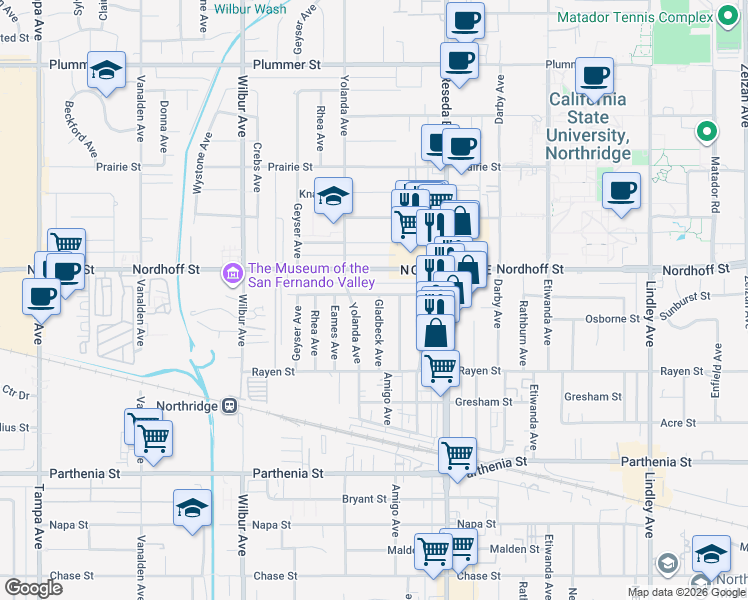map of restaurants, bars, coffee shops, grocery stores, and more near 18628 Sunburst Street in Los Angeles