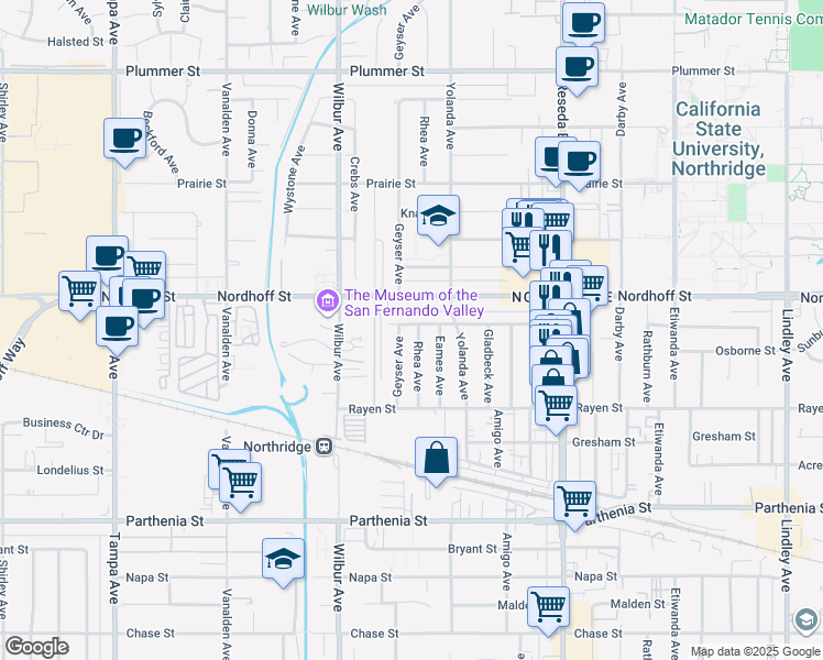 map of restaurants, bars, coffee shops, grocery stores, and more near 9025 Rhea Avenue in Los Angeles