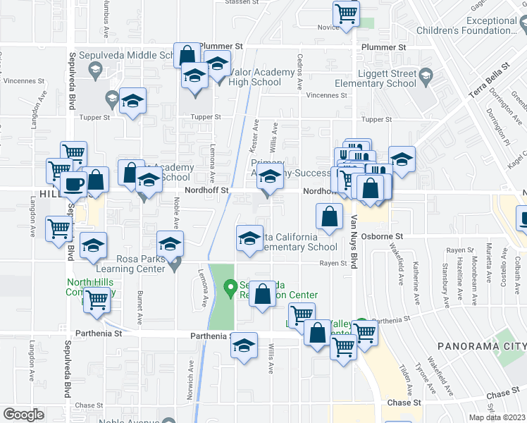 map of restaurants, bars, coffee shops, grocery stores, and more near 9047 Willis Avenue in Los Angeles