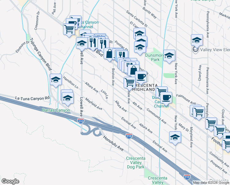 map of restaurants, bars, coffee shops, grocery stores, and more near 4334 Boston Avenue in Glendale