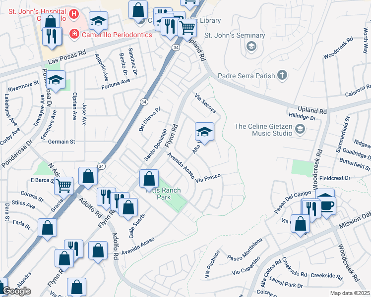 map of restaurants, bars, coffee shops, grocery stores, and more near 4738 Corte Olivas in Camarillo