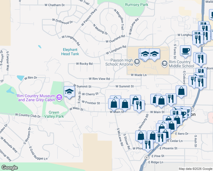 map of restaurants, bars, coffee shops, grocery stores, and more near 811 Annies Alley in Payson