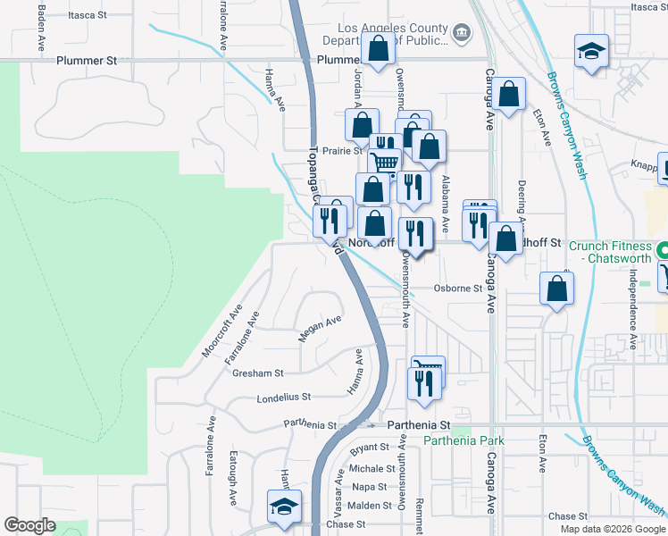 map of restaurants, bars, coffee shops, grocery stores, and more near 9035 Topanga Canyon Boulevard in Los Angeles