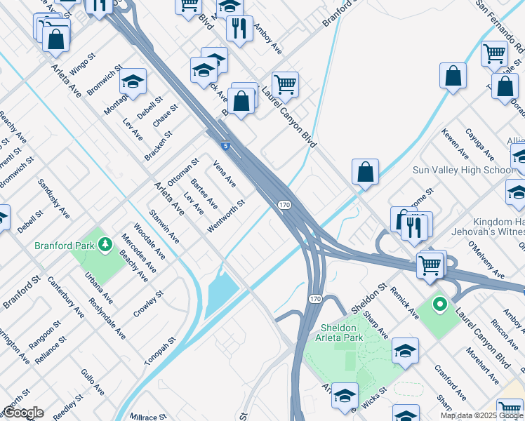 map of restaurants, bars, coffee shops, grocery stores, and more near 12874 Crowley Street in Los Angeles