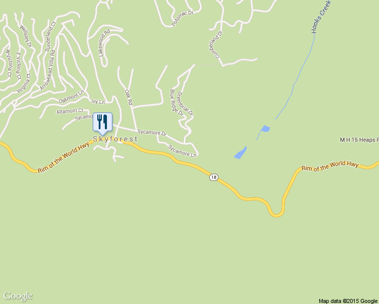 map of restaurants, bars, coffee shops, grocery stores, and more near 28879 Sycamore Drive in Lake Arrowhead