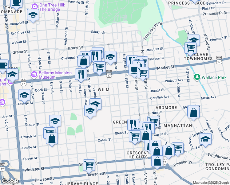 map of restaurants, bars, coffee shops, grocery stores, and more near 1309 Orange Street in Wilmington