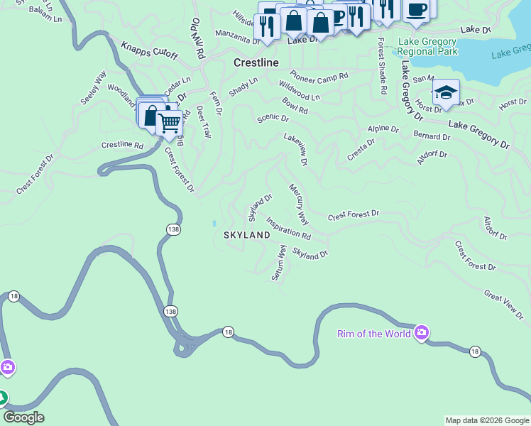 map of restaurants, bars, coffee shops, grocery stores, and more near 23784 Inspiration Road in Crestline