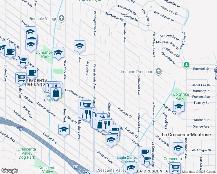 map of restaurants, bars, coffee shops, grocery stores, and more near 3100 El Caminito in La Crescenta-Montrose