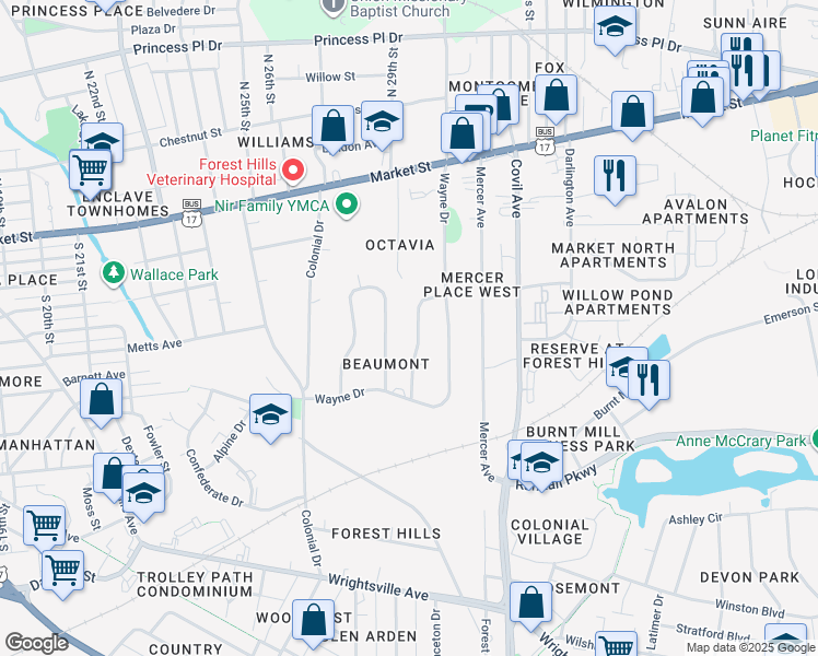 map of restaurants, bars, coffee shops, grocery stores, and more near 336 Stradleigh Road in Wilmington