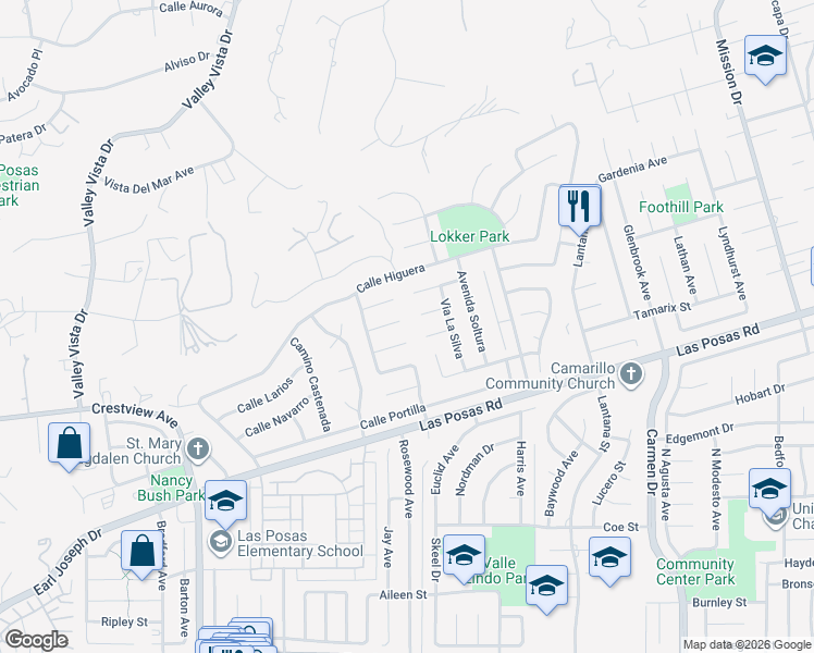 map of restaurants, bars, coffee shops, grocery stores, and more near 576 Corte Aguacate in Camarillo