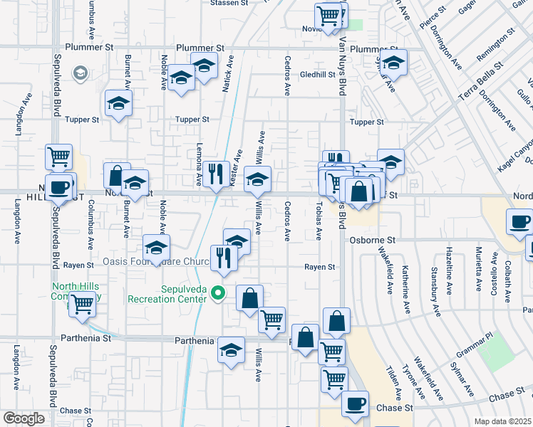 map of restaurants, bars, coffee shops, grocery stores, and more near 9054 Willis Avenue in Los Angeles