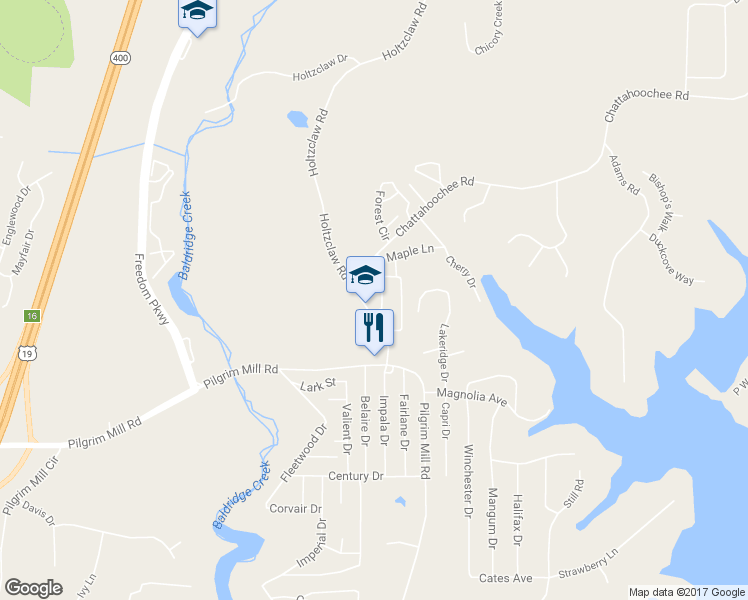 map of restaurants, bars, coffee shops, grocery stores, and more near 2790 Poplar Lane in Cumming