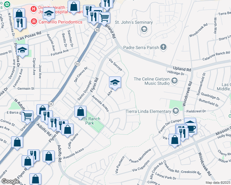 map of restaurants, bars, coffee shops, grocery stores, and more near 4800 Corte Olivas in Camarillo