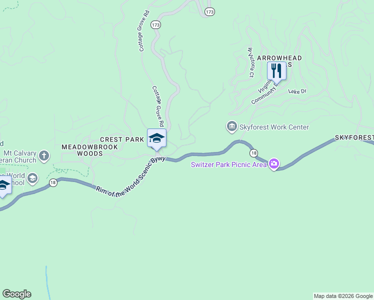 map of restaurants, bars, coffee shops, grocery stores, and more near 27951 Lower Crest Road in Rimforest
