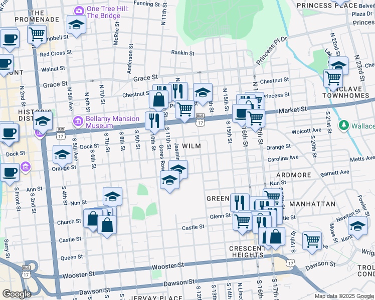 map of restaurants, bars, coffee shops, grocery stores, and more near 119 South 12th Street in Wilmington