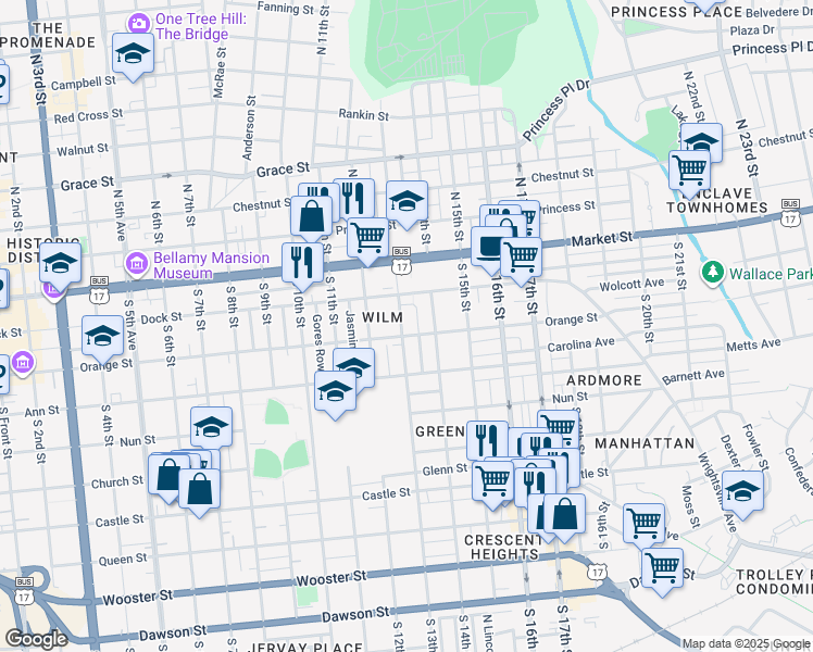 map of restaurants, bars, coffee shops, grocery stores, and more near 119 South 13th Street in Wilmington
