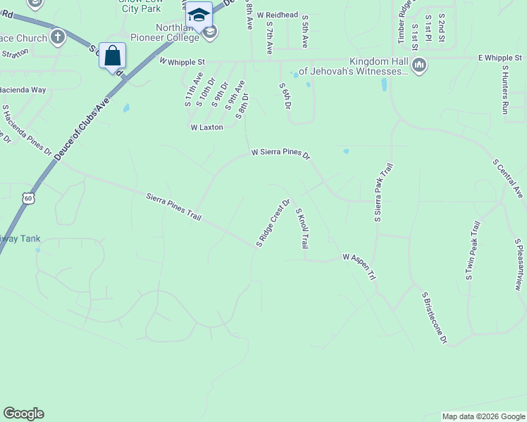 map of restaurants, bars, coffee shops, grocery stores, and more near 1700 South Ridge Crest Drive in Show Low