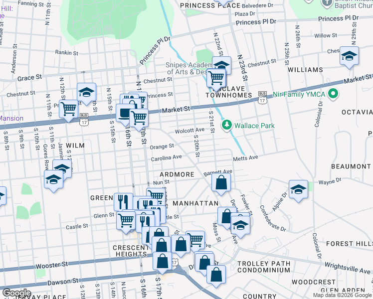 map of restaurants, bars, coffee shops, grocery stores, and more near 1909 Creecy Avenue in Wilmington