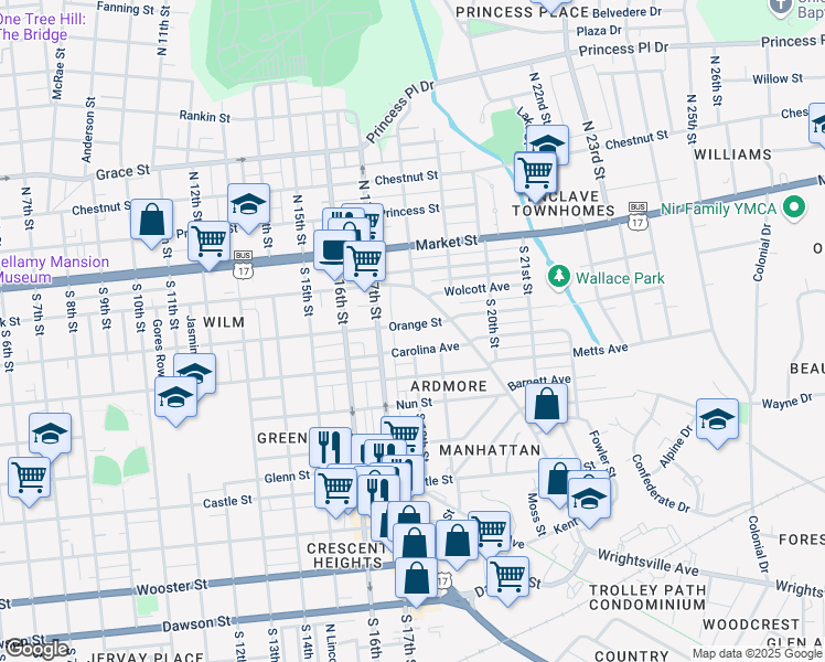 map of restaurants, bars, coffee shops, grocery stores, and more near 1720 Orange Street in Wilmington