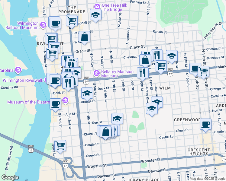 map of restaurants, bars, coffee shops, grocery stores, and more near 108 South 7th Street in Wilmington