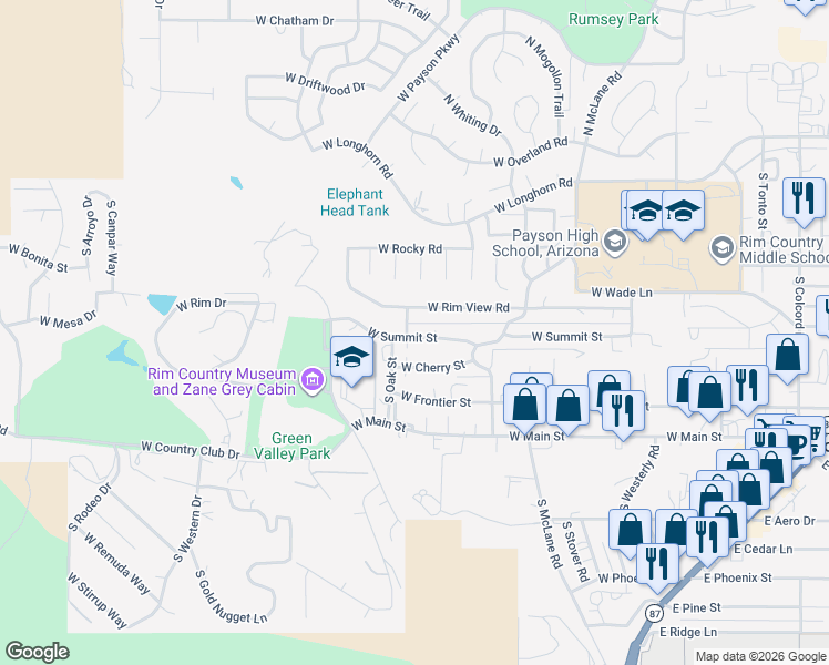 map of restaurants, bars, coffee shops, grocery stores, and more near 912 West Summit Street in Payson