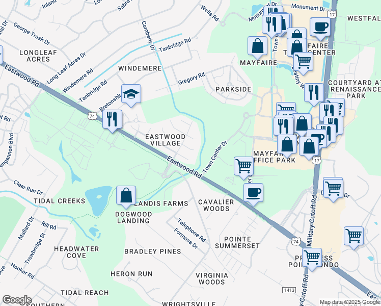 map of restaurants, bars, coffee shops, grocery stores, and more near 1308 Smith Bay Circle East in Wilmington