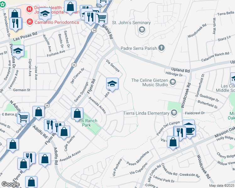map of restaurants, bars, coffee shops, grocery stores, and more near 4800 Corte Olivas in Camarillo