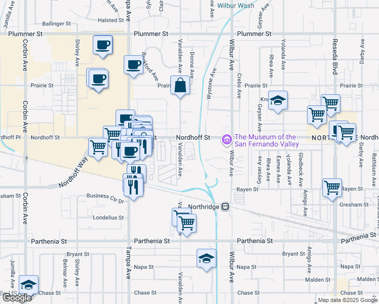 map of restaurants, bars, coffee shops, grocery stores, and more near 9000 Vanalden Avenue in Los Angeles