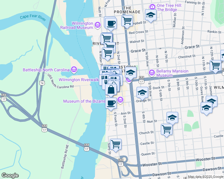 map of restaurants, bars, coffee shops, grocery stores, and more near 24 South Front Street in Wilmington
