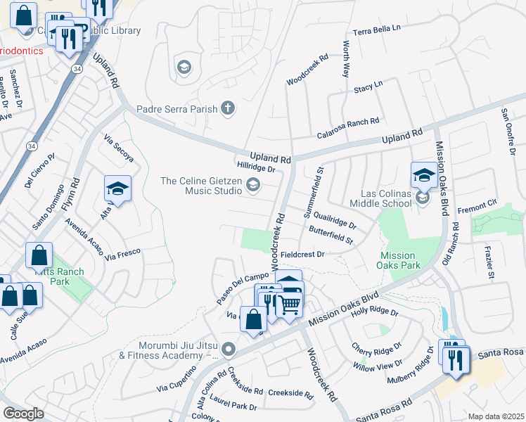 map of restaurants, bars, coffee shops, grocery stores, and more near 5281 Fernridge Court in Camarillo