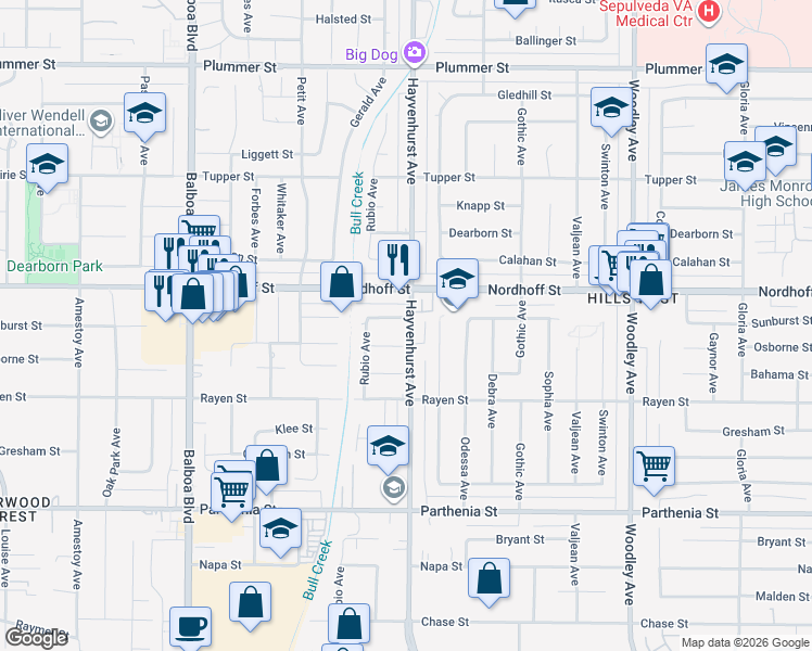 map of restaurants, bars, coffee shops, grocery stores, and more near 16600 Sunburst Street in Los Angeles