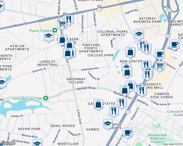 map of restaurants, bars, coffee shops, grocery stores, and more near 366 Lullwater Drive in Wilmington