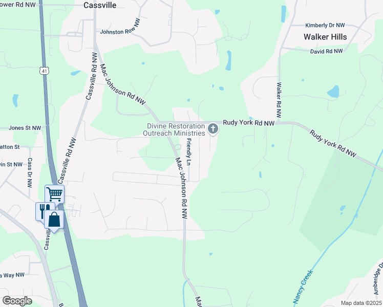 map of restaurants, bars, coffee shops, grocery stores, and more near 13 Friendly Lane in Cartersville