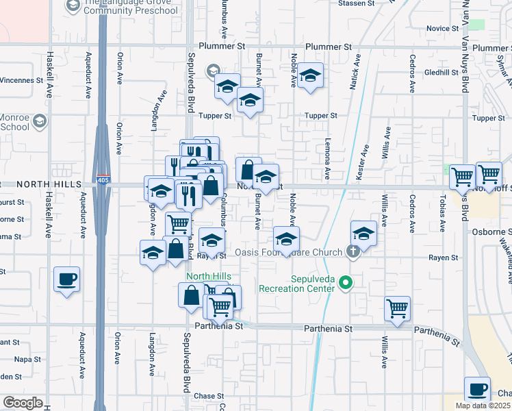 map of restaurants, bars, coffee shops, grocery stores, and more near 9033 Burnet Avenue in Los Angeles