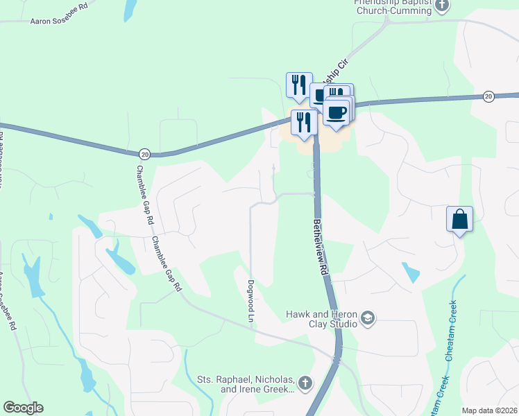 map of restaurants, bars, coffee shops, grocery stores, and more near 2717 Dogwood Lane in Cumming