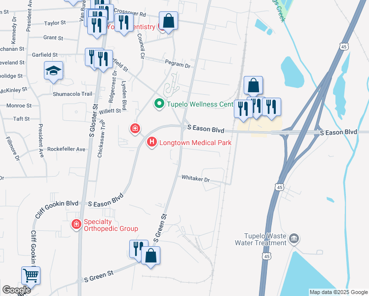 map of restaurants, bars, coffee shops, grocery stores, and more near 1684-1686 S Green St in Tupelo