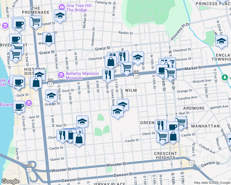 map of restaurants, bars, coffee shops, grocery stores, and more near 116 South 11th Street in Wilmington