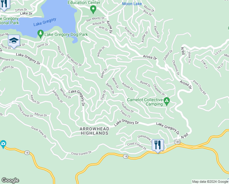 map of restaurants, bars, coffee shops, grocery stores, and more near Balfrin Drive in Crestline