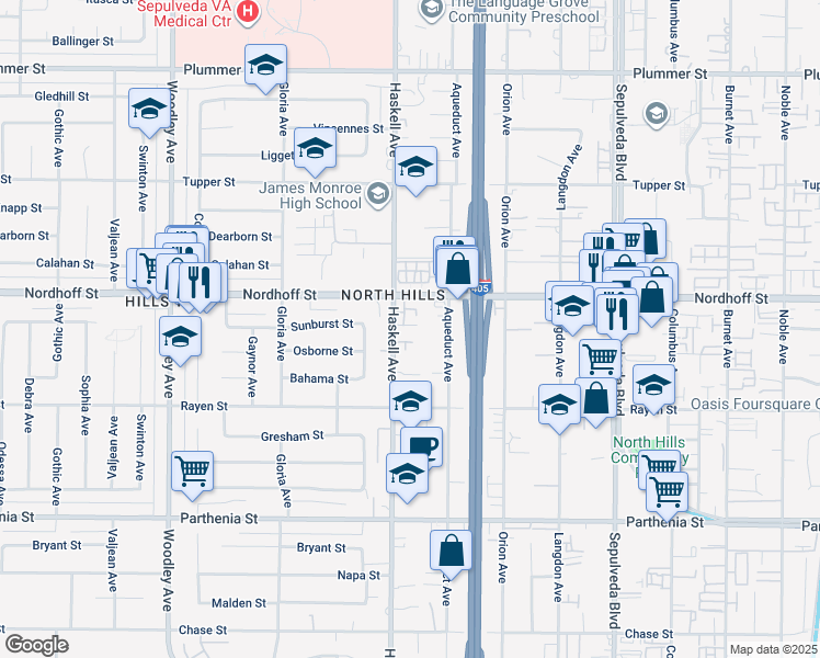 map of restaurants, bars, coffee shops, grocery stores, and more near 9028 Haskell Avenue in Los Angeles