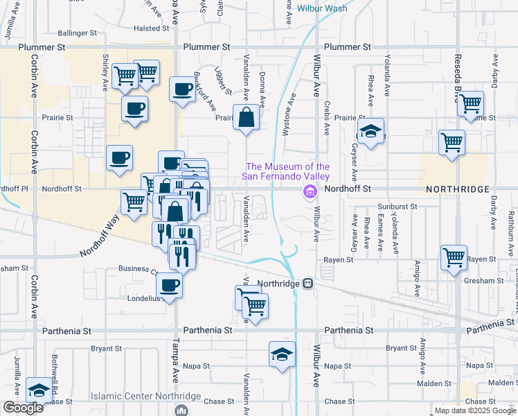 map of restaurants, bars, coffee shops, grocery stores, and more near 9000 Vanalden Avenue in Los Angeles