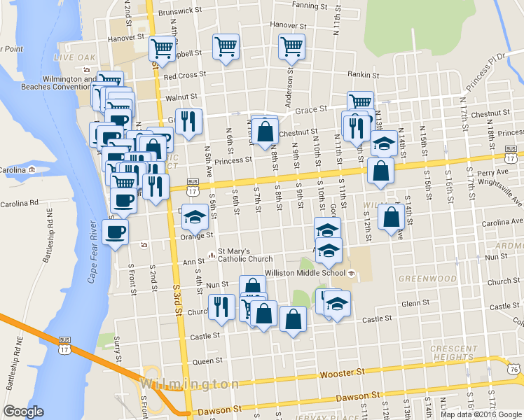 map of restaurants, bars, coffee shops, grocery stores, and more near 105 South 7th Street in Wilmington