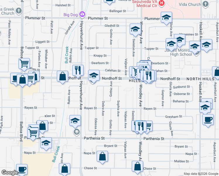 map of restaurants, bars, coffee shops, grocery stores, and more near 16402 Sunburst Street in Los Angeles