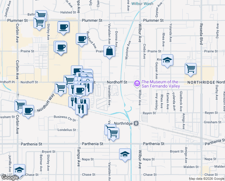 map of restaurants, bars, coffee shops, grocery stores, and more near 9000 Vanalden Avenue in Los Angeles