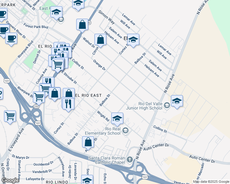 map of restaurants, bars, coffee shops, grocery stores, and more near 703 East Collins Street in Oxnard