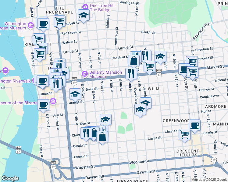 map of restaurants, bars, coffee shops, grocery stores, and more near 107 S 8th St in Wilmington