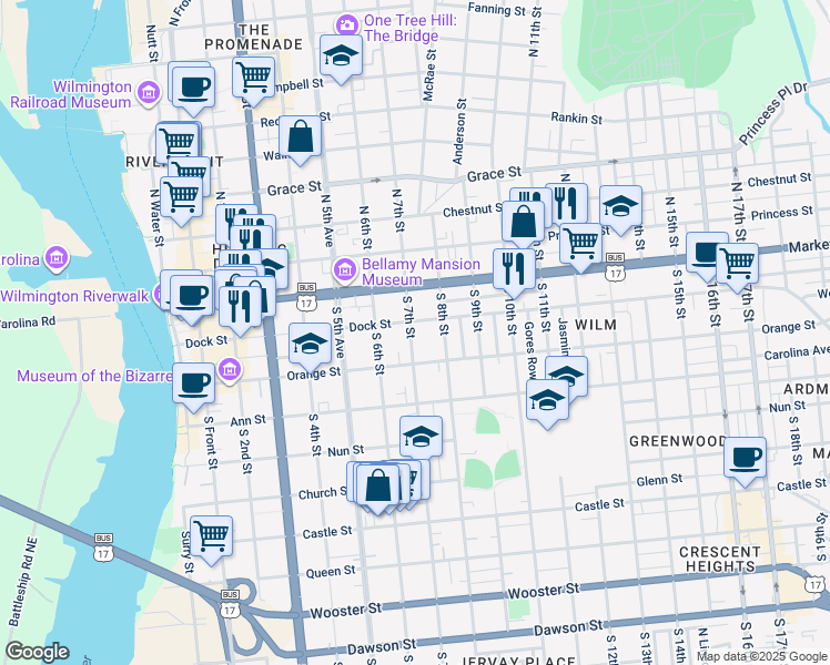 map of restaurants, bars, coffee shops, grocery stores, and more near 105 South 7th Street in Wilmington