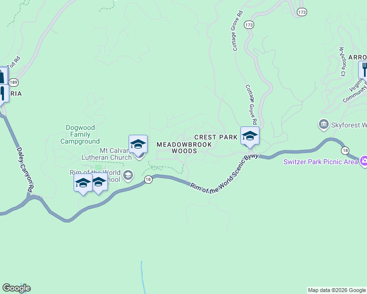 map of restaurants, bars, coffee shops, grocery stores, and more near 1031 Inspiration Drive in Lake Arrowhead