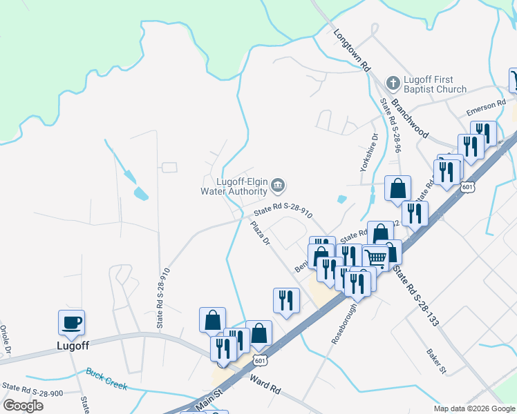 map of restaurants, bars, coffee shops, grocery stores, and more near 80 Plaza Drive in Lugoff