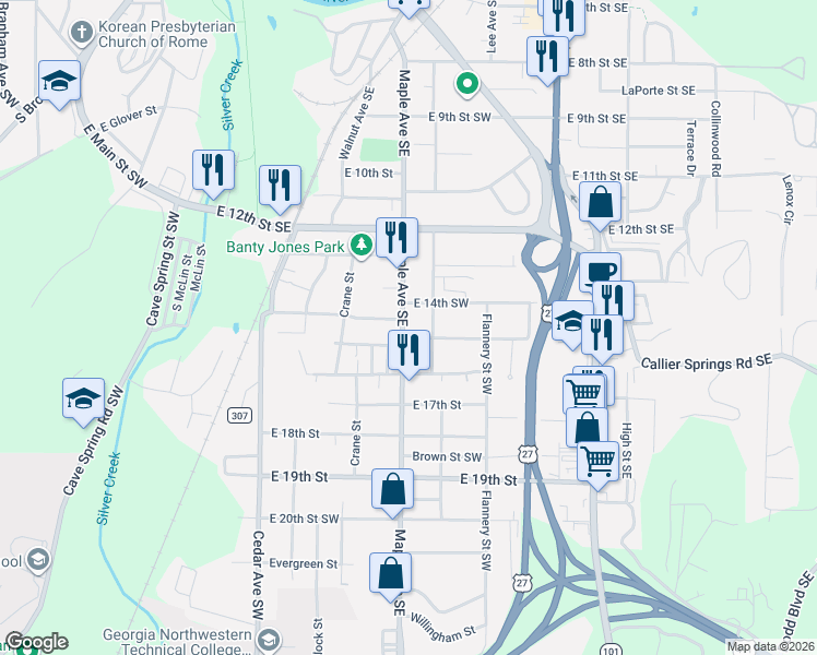 map of restaurants, bars, coffee shops, grocery stores, and more near 1409 Maple Avenue Southeast in Rome