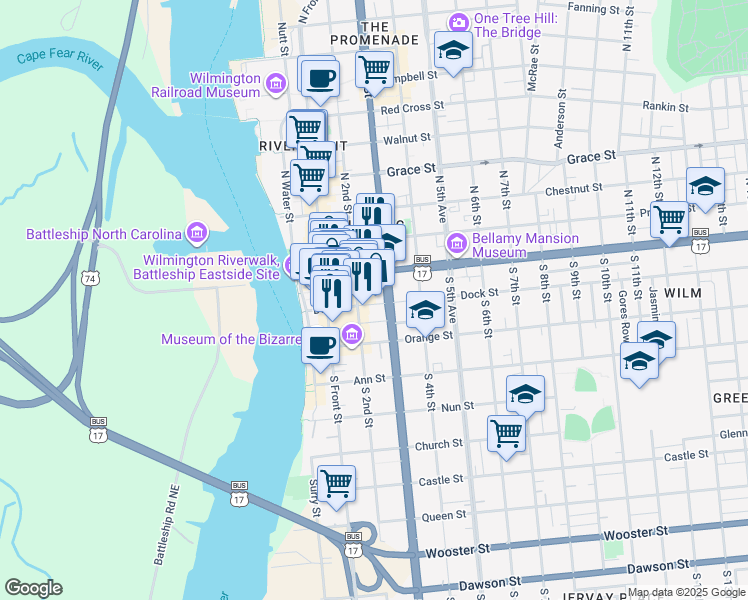 map of restaurants, bars, coffee shops, grocery stores, and more near in Wilmington